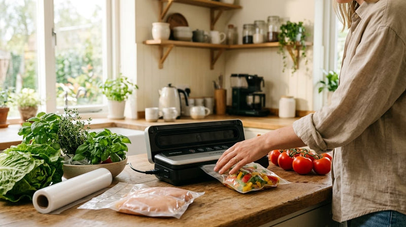 Sachets sous vide de poulet et de légumes posés près d'une machine sous vide sur un plan de travail en bois