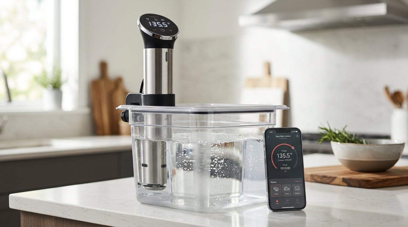 Thermoplongeur en inox régulant un bain d'eau dans un bac de cuisson sur un plan de travail