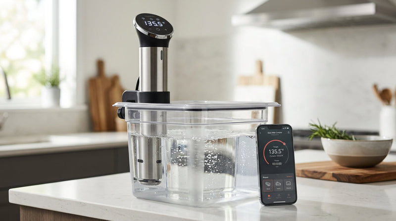 Thermoplongeur en inox régulant un bain d'eau dans un bac de cuisson sur un plan de travail