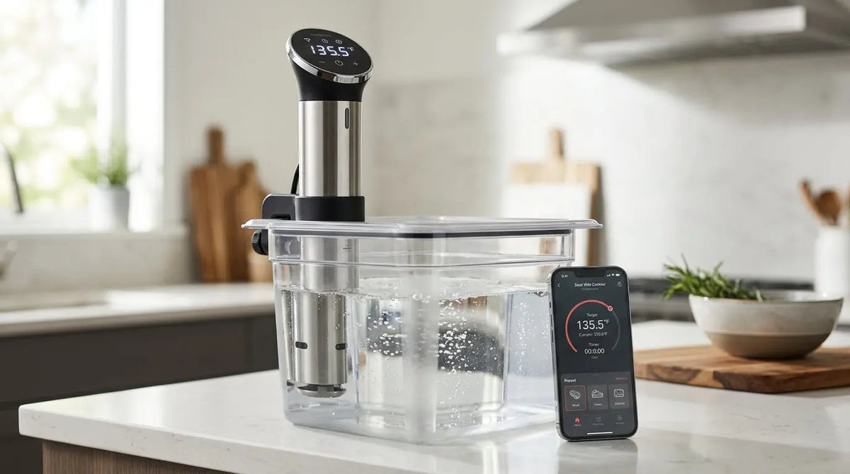 Thermoplongeur en inox régulant un bain d'eau dans un bac de cuisson sur un plan de travail