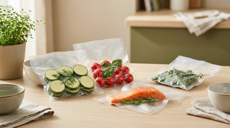 Portions de légumes, de tomates, d'herbes et de saumon emballées sous vide sur une table de cuisine