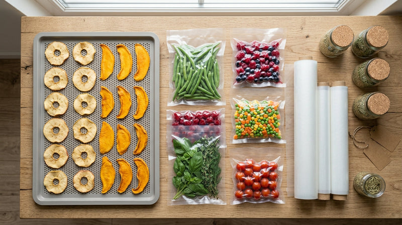 Vue de dessus de légumes et fruits du jardin répartis en sachets sous vide sur une table en bois