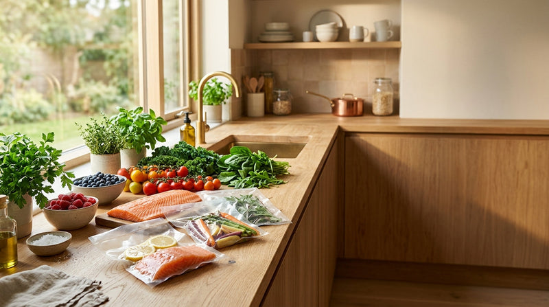 Herbes, tomates, fruits rouges et poisson frais disposés sur un plan de travail avec des sachets sous vide