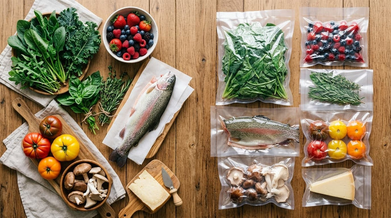 Truite, herbes, champignons et tomates emballés sous vide et alignés sur une table en bois
