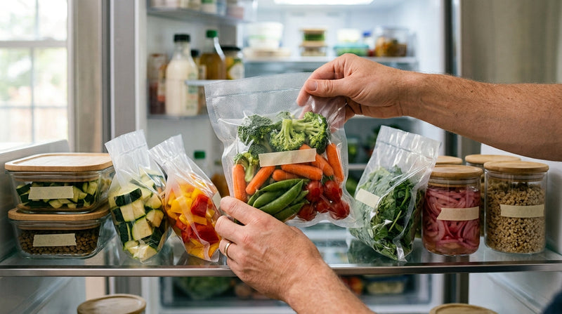 Mains rangeant des sachets sous vide de légumes étiquetés sur une clayette de réfrigérateur