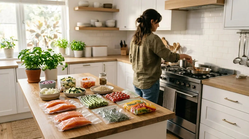 Personne cuisinant en série, portions de saumon, légumes et herbes scellées sous vide sur un îlot de cuisine
