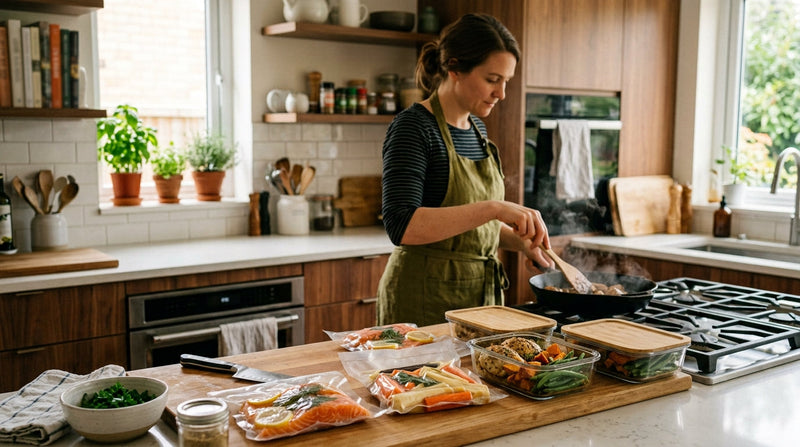Personne cuisinant en série avec des portions de repas préparées en boîtes et en sachets sous vide