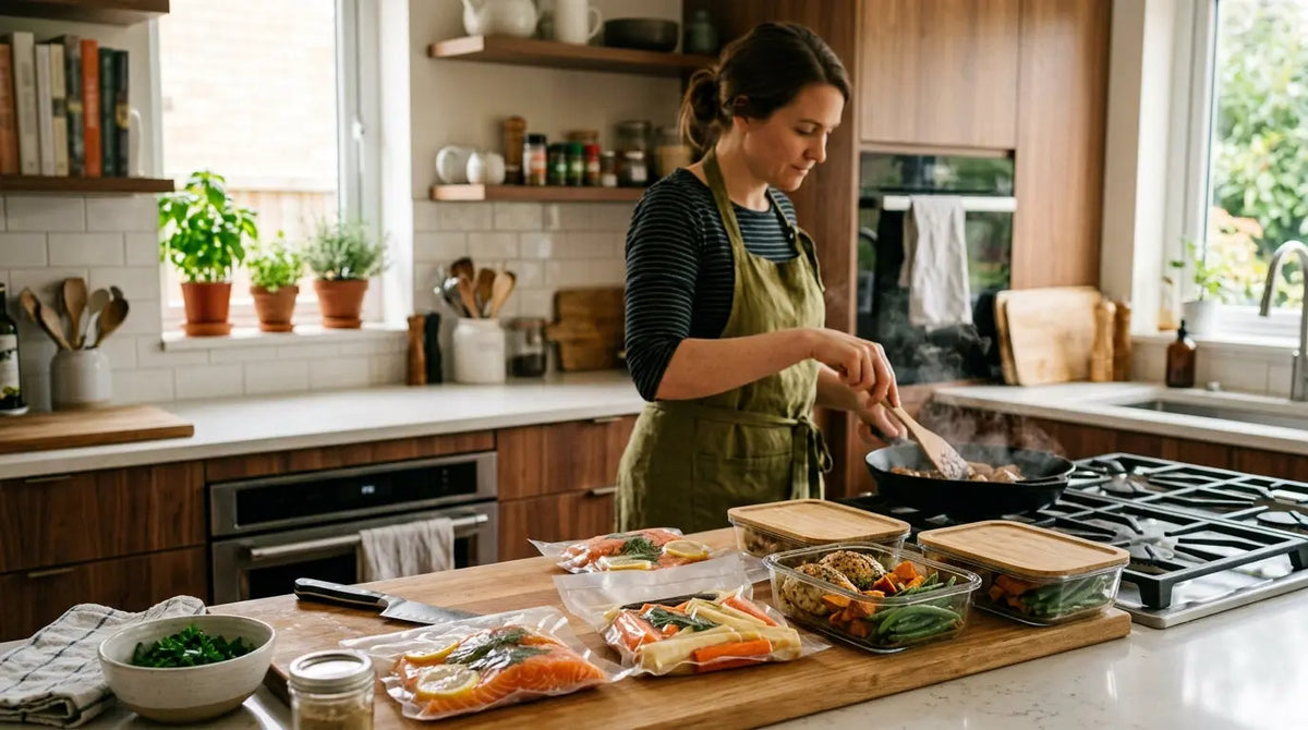 Personne cuisinant en série avec des portions de repas préparées en boîtes et en sachets sous vide
