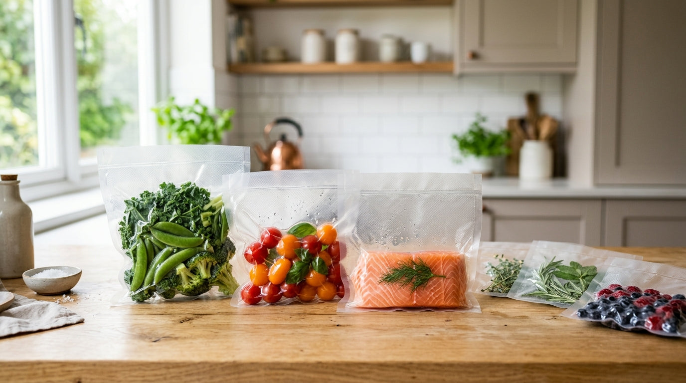 Sachets sous vide de légumes, tomates, saumon et fruits rouges alignés sur une table de cuisine