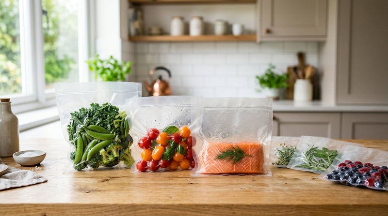 Sachets sous vide de légumes, tomates, saumon et fruits rouges alignés sur une table de cuisine