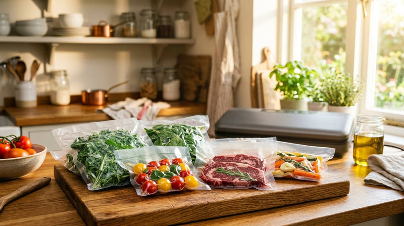 Sachets sous vide de viande, légumes et herbes posés sur une planche en bois près d'une machine sous vide