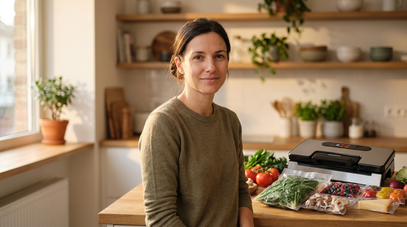 Personne dans sa cuisine devant une machine sous vide et des portions de légumes, fruits et champignons emballées