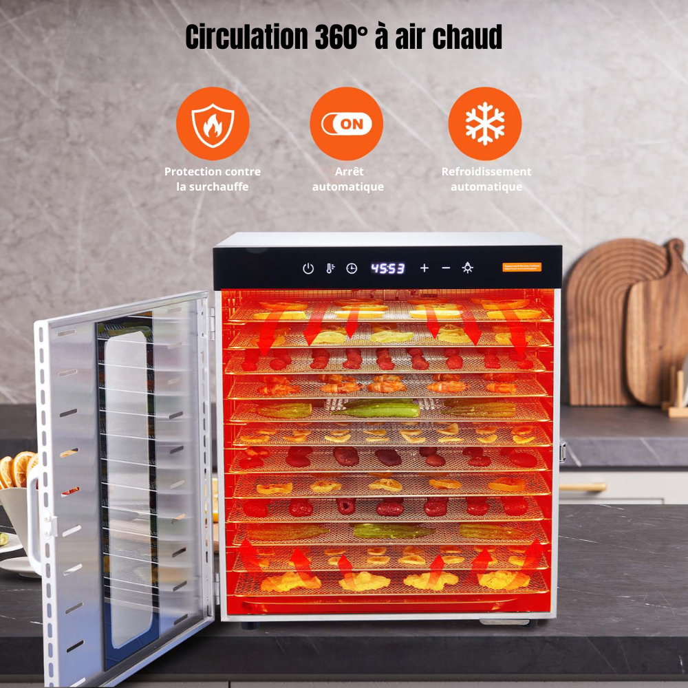 Déshydrateur alimentaire inox 304 à 10 plateaux 1000W