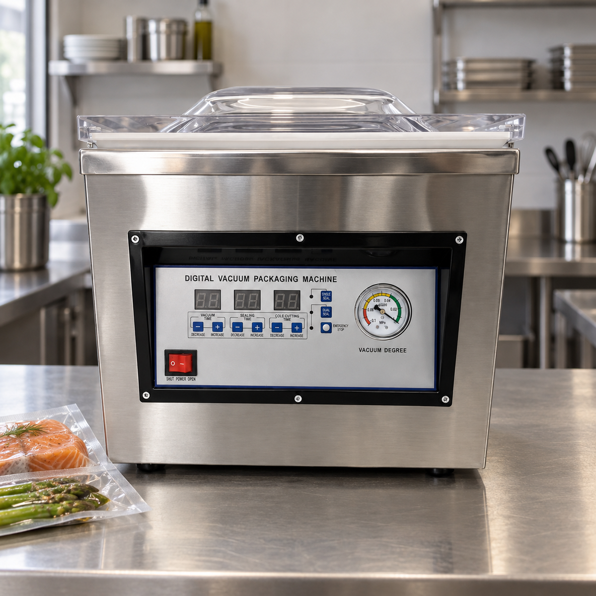 Machine sous vide professionnelle à cloche 400W -0,9 bar — mise en situation