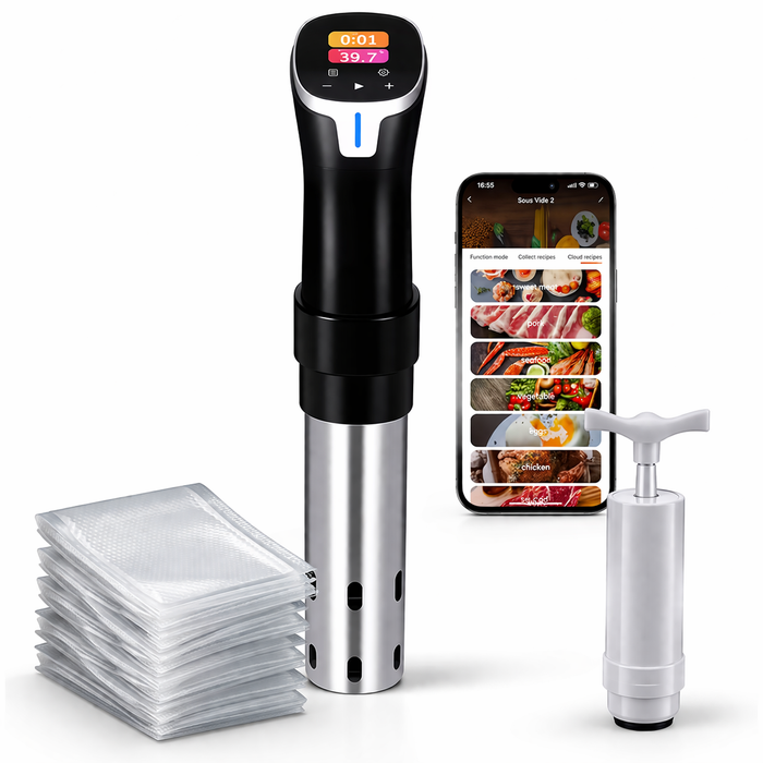 Thermoplongeur sous vide connecté 1100W à écran tactile (sacs + pompe inclus)